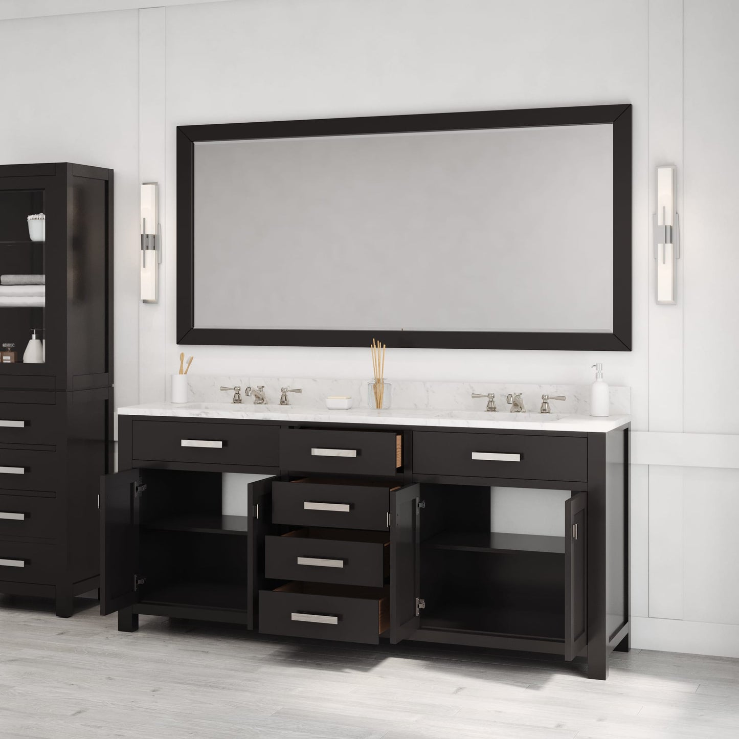 Madison 72 in. W x 21.5 in. D x 34 in. H Double Sink Bath Vanity in Espresso with Carrara White Marble Top | Water Creation