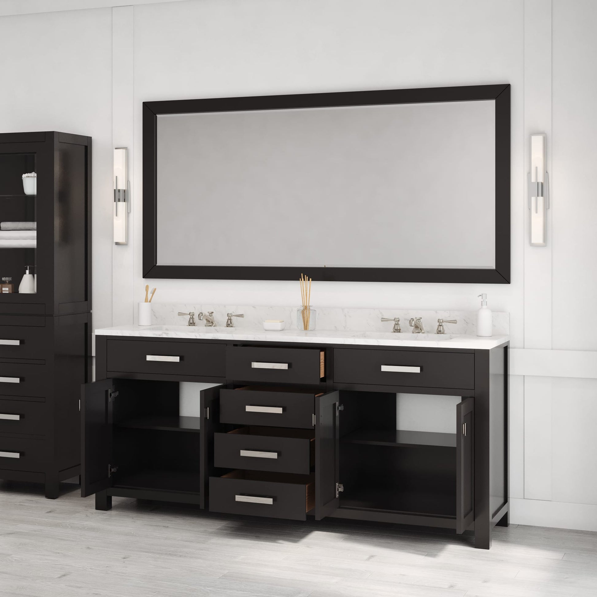 Madison 72 in. W x 21.5 in. D x 34 in. H Double Sink Bath Vanity in Espresso with Carrara White Marble Top | Water Creation