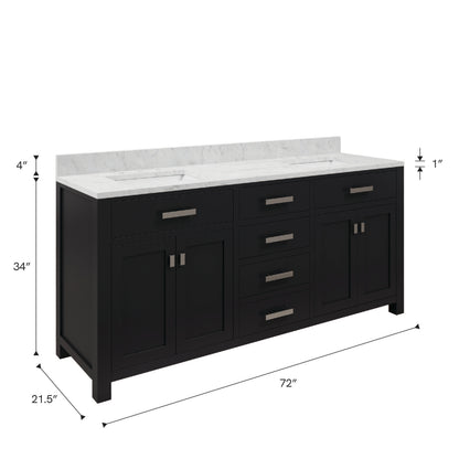 Madison 72 in. W x 21.5 in. D x 34 in. H Double Sink Bath Vanity in Espresso with Carrara White Marble Top | Water Creation