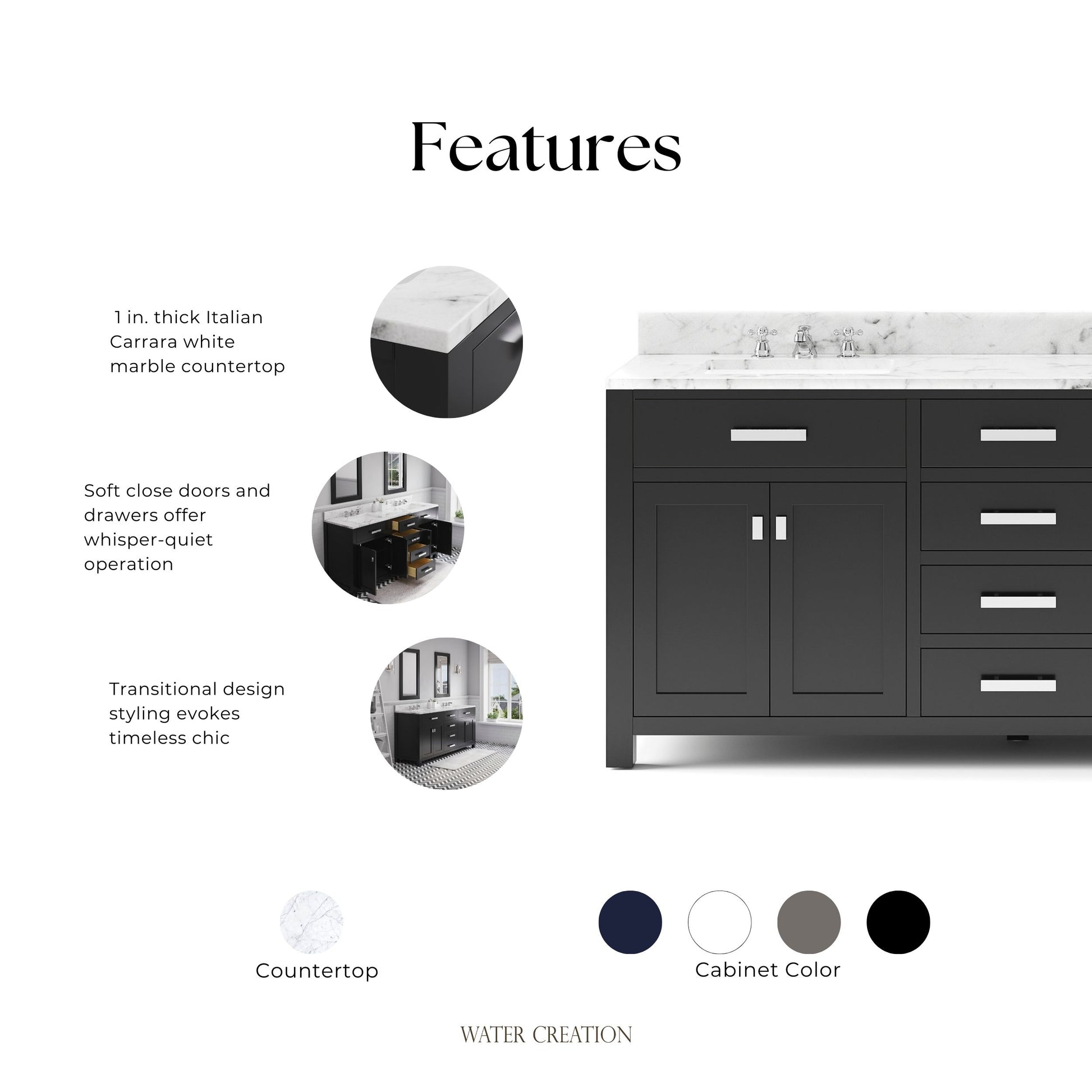 Madison 72 in. W x 21.5 in. D x 34 in. H Double Sink Bath Vanity in Espresso with Carrara White Marble Top | Water Creation