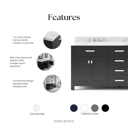 Madison 72 in. W x 21.5 in. D x 34 in. H Double Sink Bath Vanity in Espresso with Carrara White Marble Top | Water Creation
