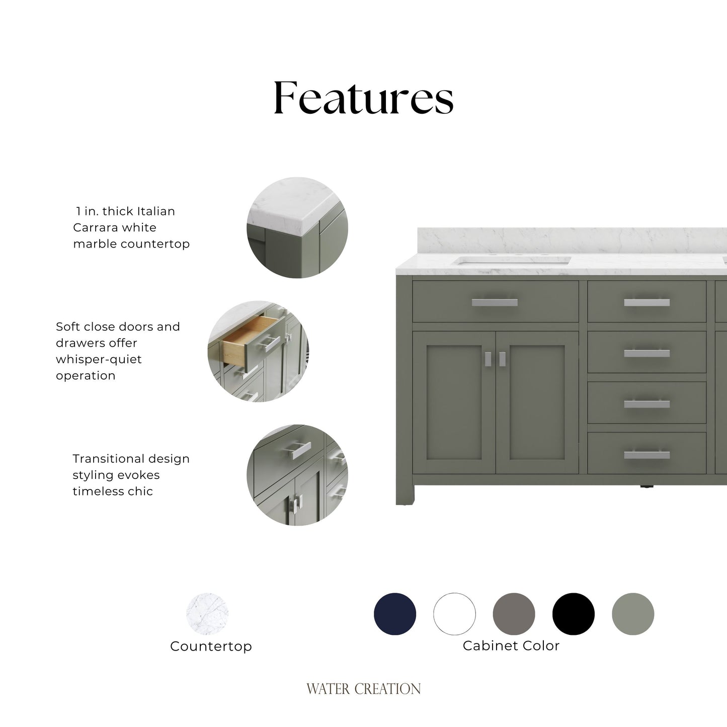 Madison 72 in. W x 21.5 in. D Vanity in Glacial Green with Marble Vanity Top in White with White Basin | Water Creation