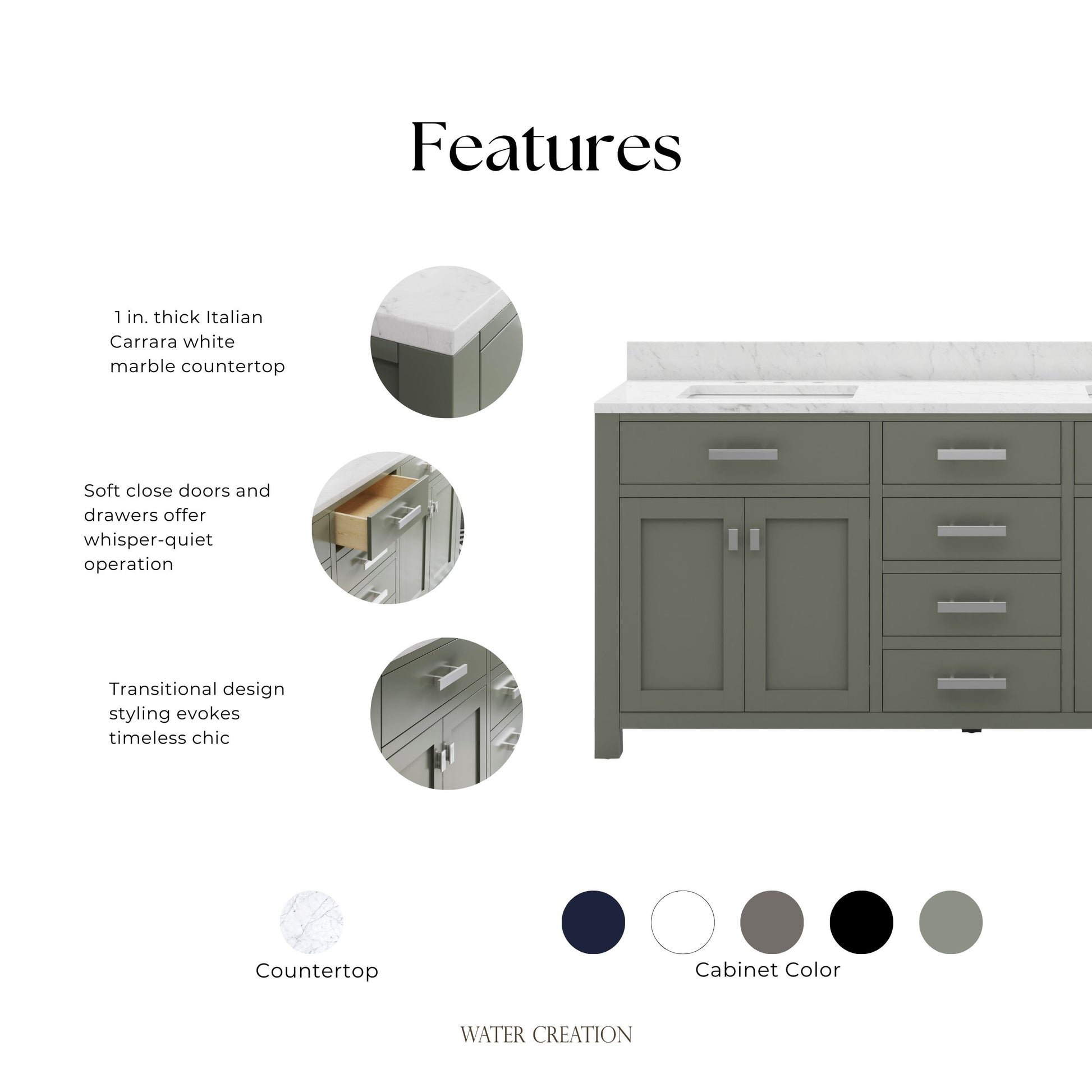 Madison 72 in. W x 21.5 in. D Vanity in Glacial Green with Marble Vanity Top in White with White Basin | Water Creation