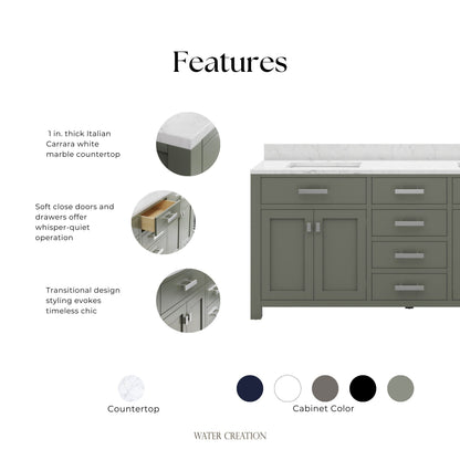 Madison 72 in. W x 21.5 in. D Vanity in Glacial Green with Marble Vanity Top in White with White Basin | Water Creation