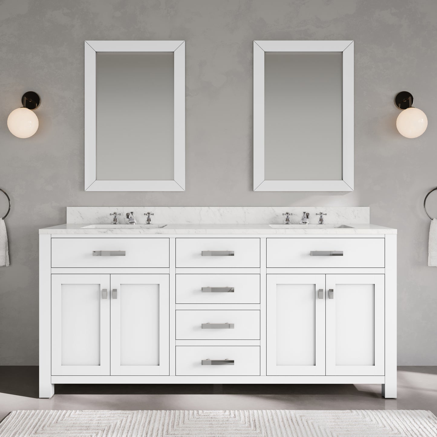 Madison 72 in. Vanity in Modern White with Marble Vanity Top in Carrara White | Water Creation