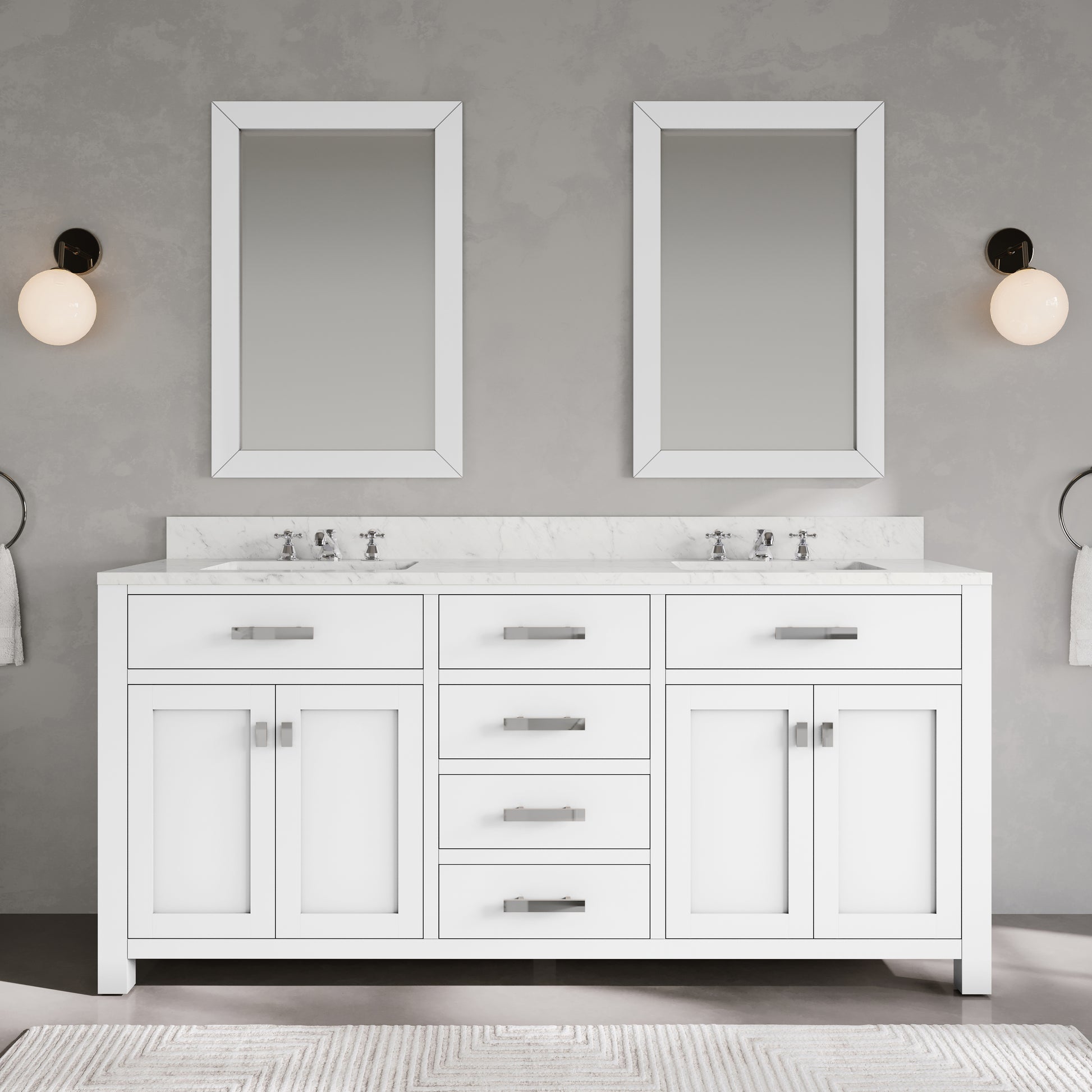 Madison 72 in. Vanity in Modern White with Marble Vanity Top in Carrara White | Water Creation
