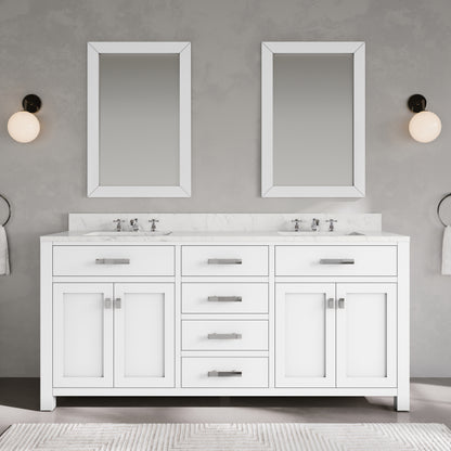 Madison 72 in. Vanity in Modern White with Marble Vanity Top in Carrara White | Water Creation
