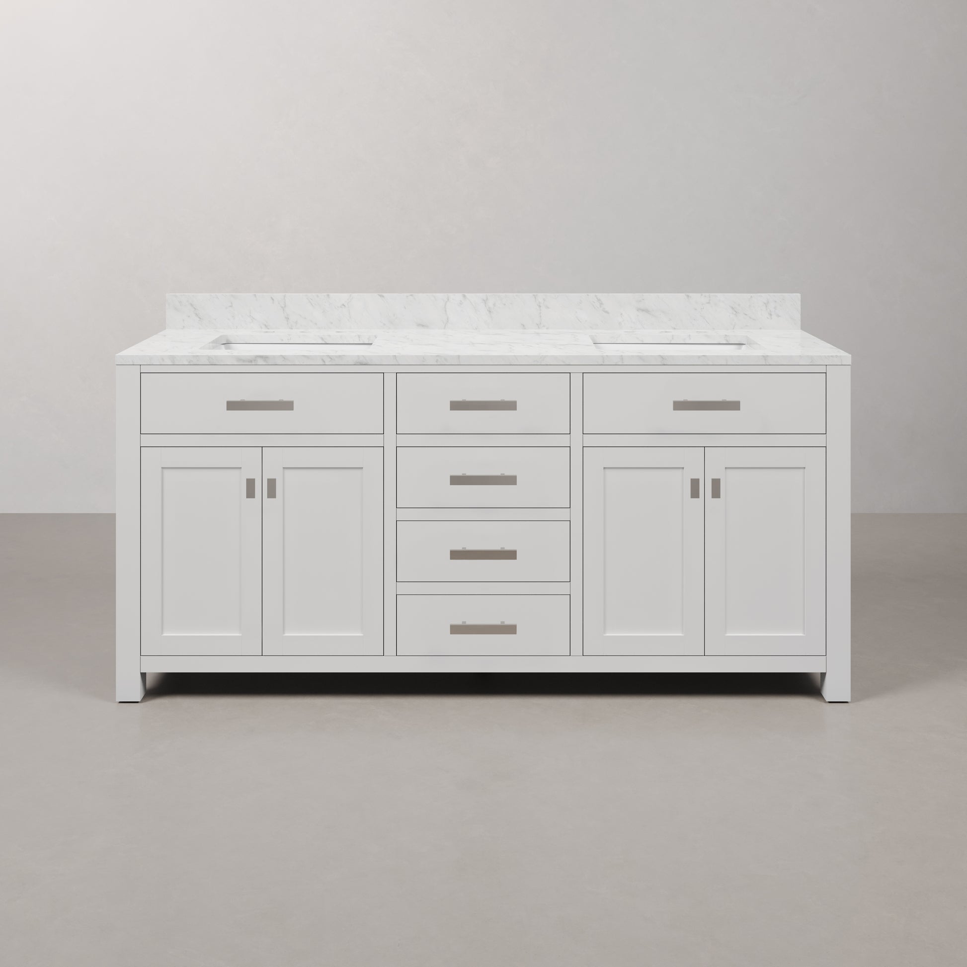 Madison 72 in. Vanity in Modern White with Marble Vanity Top in Carrara White | Water Creation