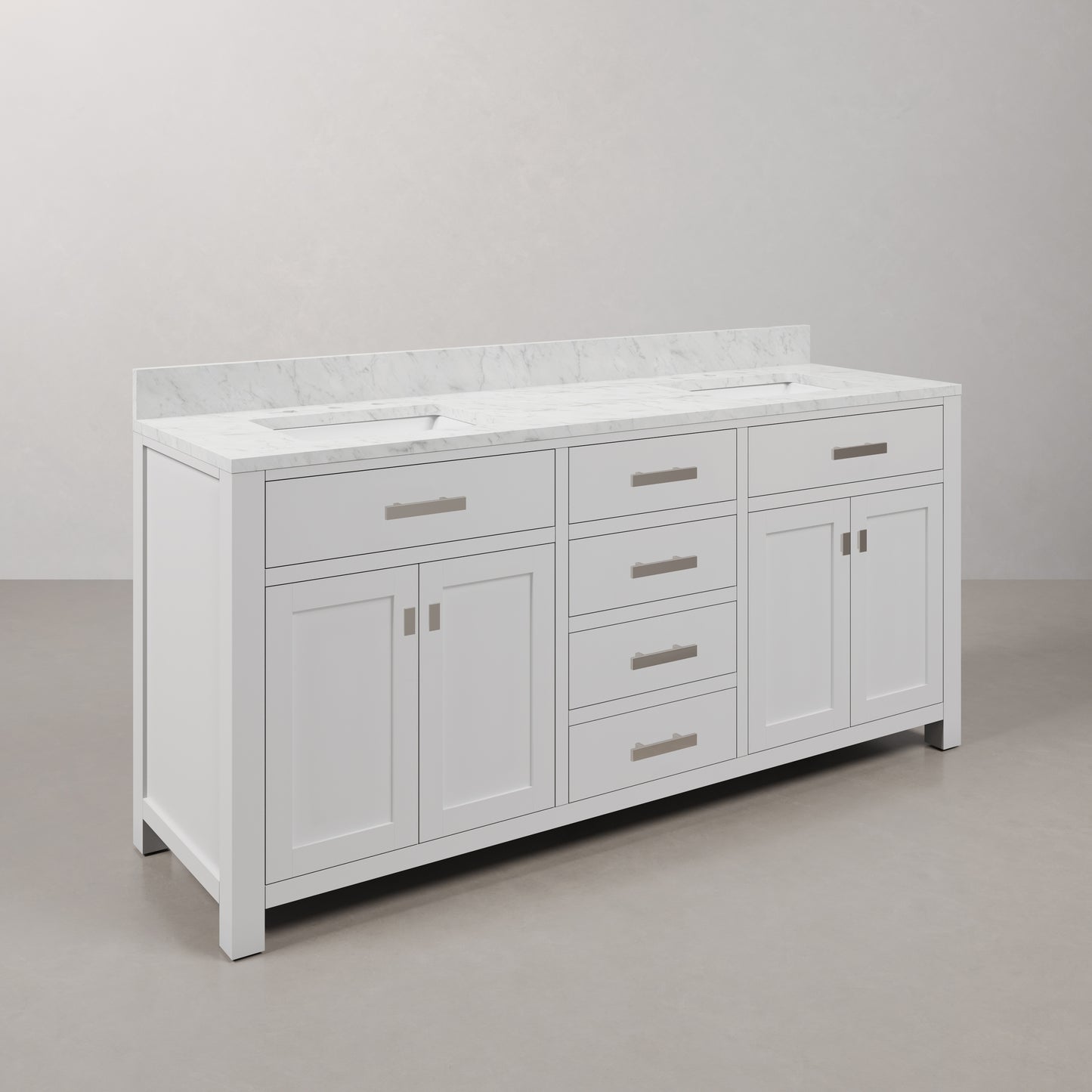 Madison 72 in. Vanity in Modern White with Marble Vanity Top in Carrara White | Water Creation