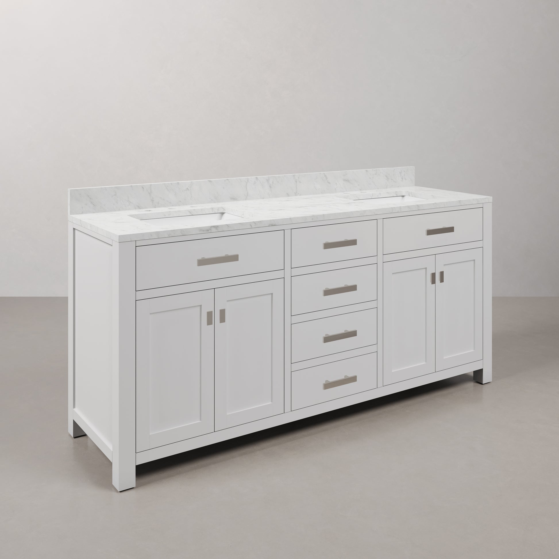 Madison 72 in. Vanity in Modern White with Marble Vanity Top in Carrara White | Water Creation