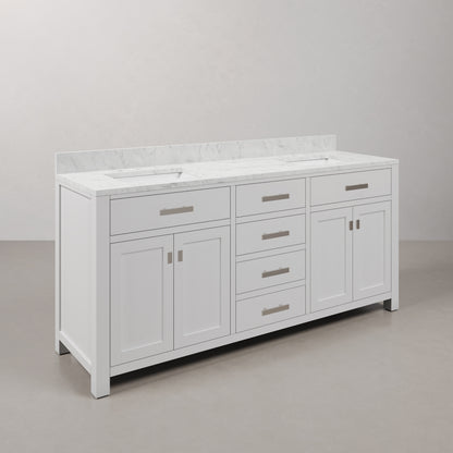 Madison 72 in. Vanity in Modern White with Marble Vanity Top in Carrara White | Water Creation