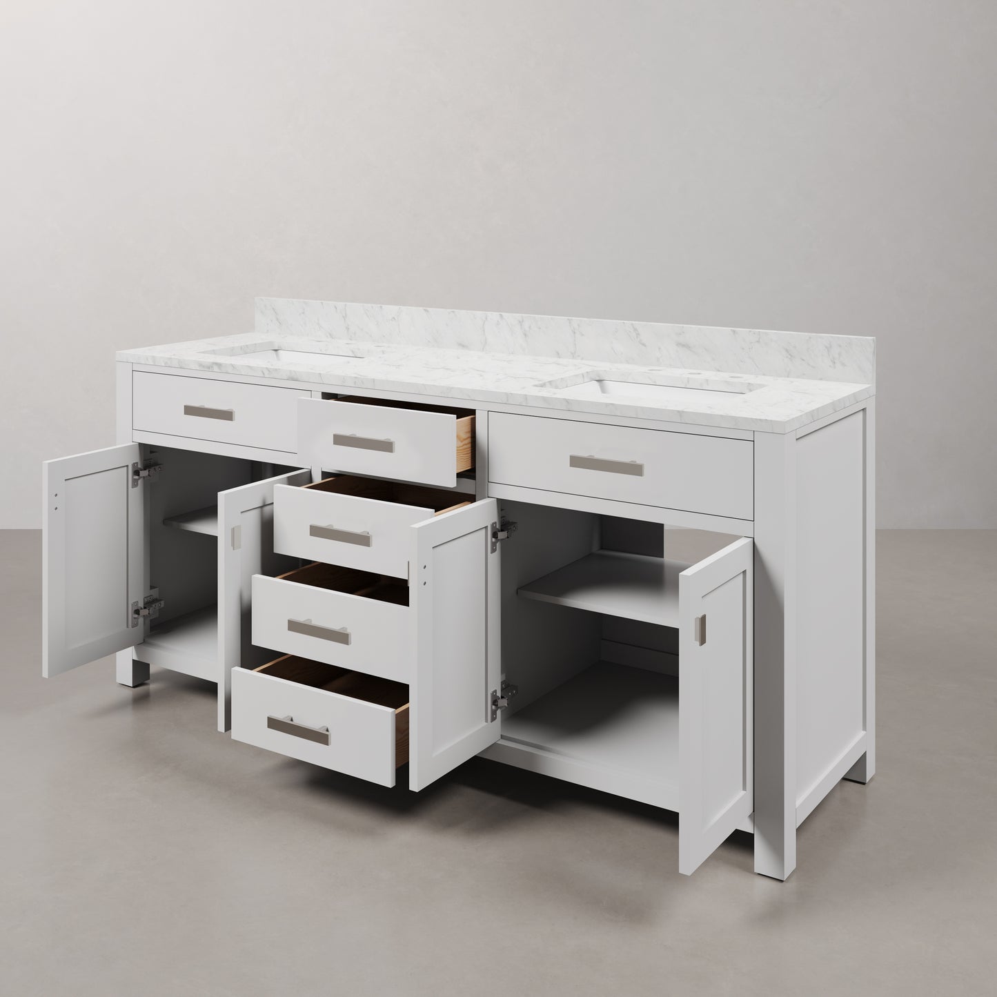 Madison 72 in. Vanity in Modern White with Marble Vanity Top in Carrara White | Water Creation