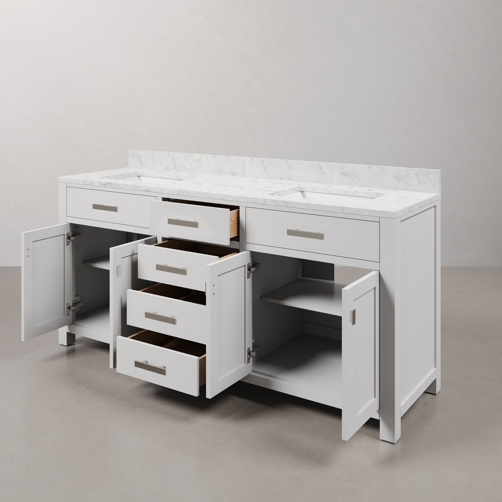 Madison 72 in. Vanity in Modern White with Marble Vanity Top in Carrara White | Water Creation