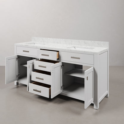 Madison 72 in. Vanity in Modern White with Marble Vanity Top in Carrara White | Water Creation