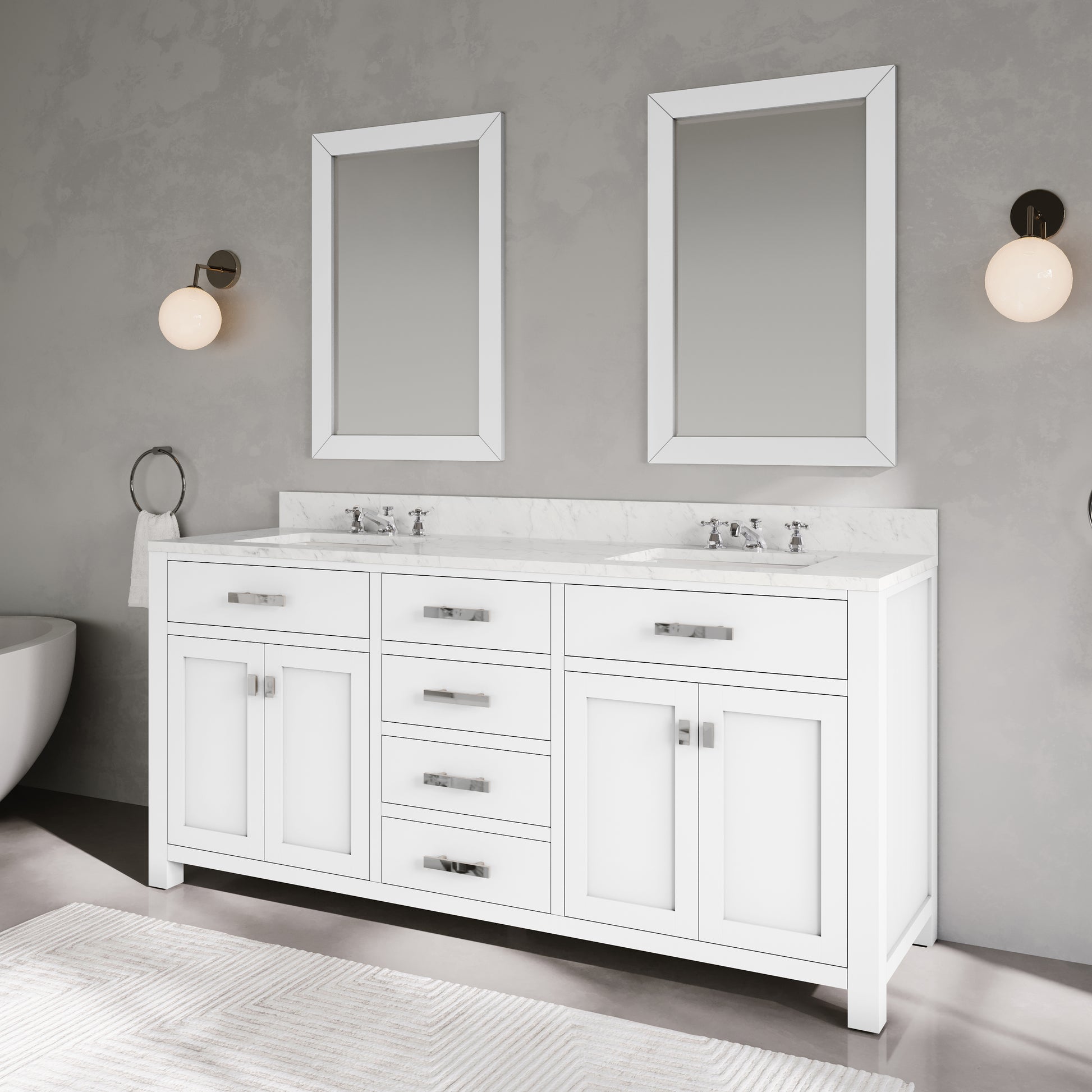 Madison 72 in. Vanity in Modern White with Marble Vanity Top in Carrara White | Water Creation