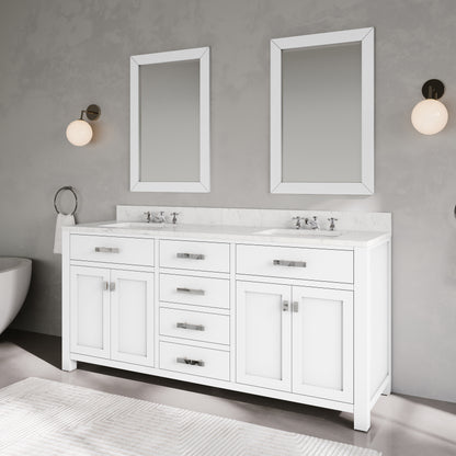 Madison 72 in. Vanity in Modern White with Marble Vanity Top in Carrara White | Water Creation