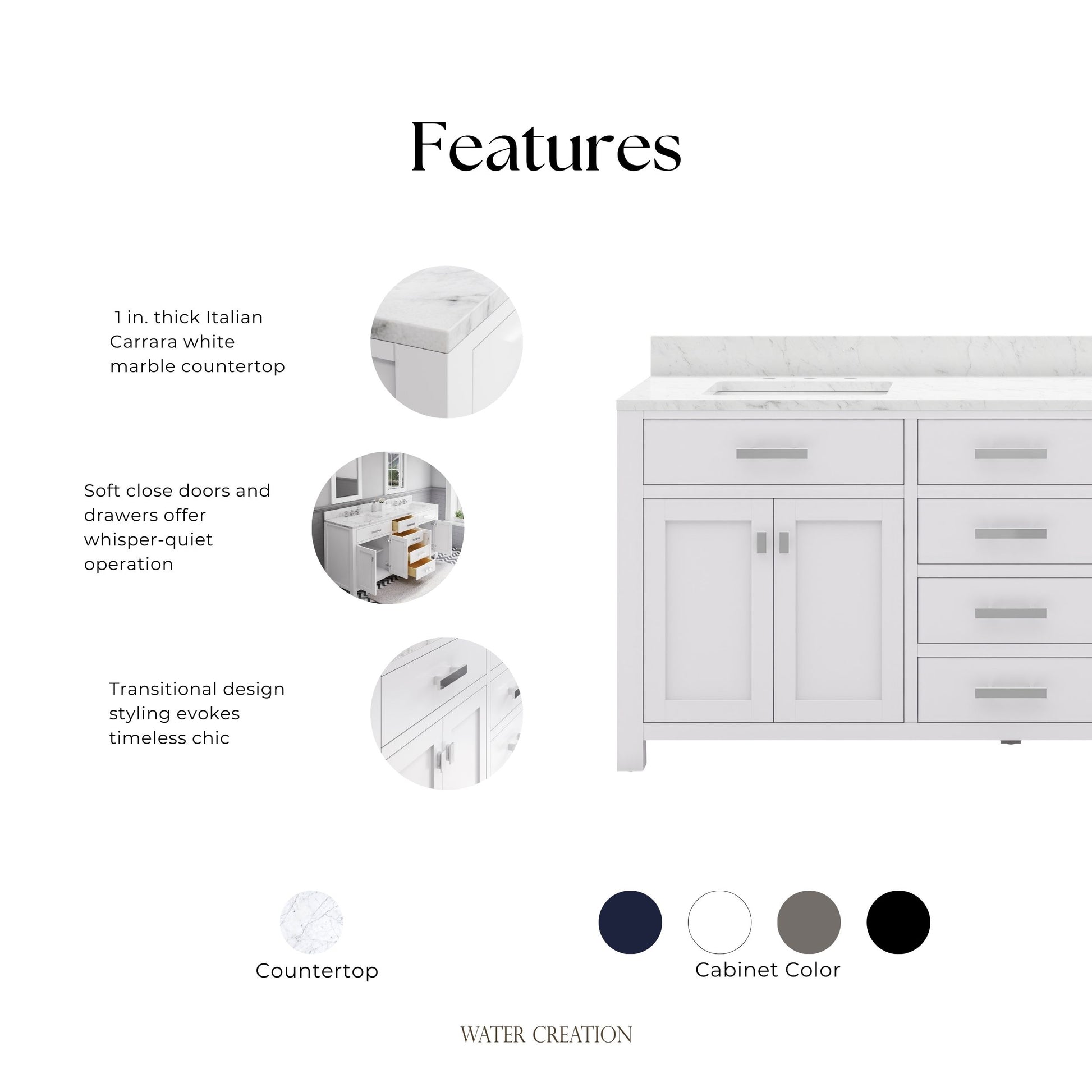 Madison 72 in. Vanity in Modern White with Marble Vanity Top in Carrara White | Water Creation