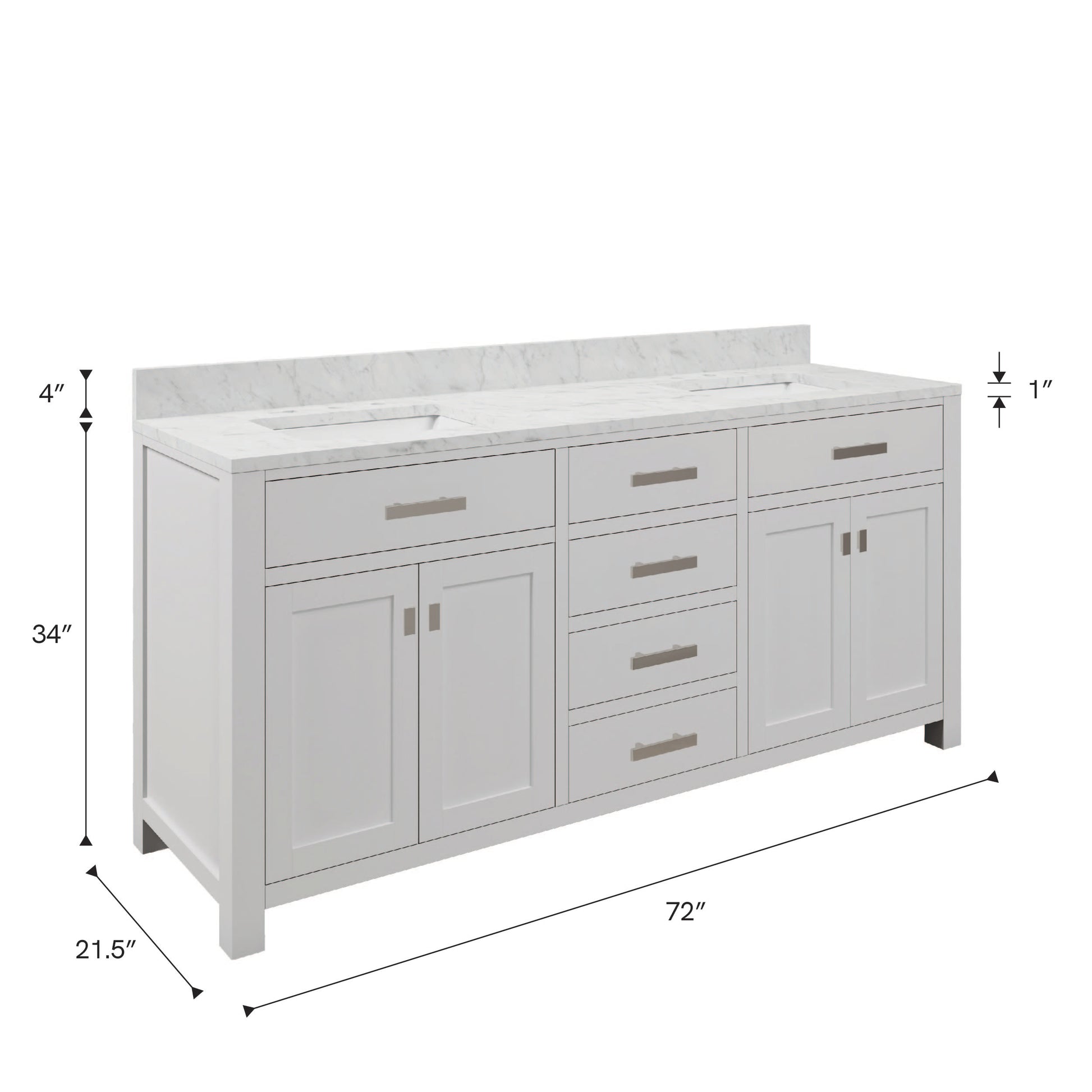 Madison 72 in. Vanity in Modern White with Marble Vanity Top in Carrara White | Water Creation