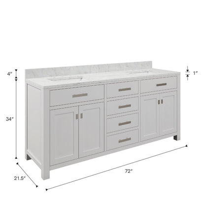 Madison 72 in. Vanity in Modern White with Marble Vanity Top in Carrara White | Water Creation