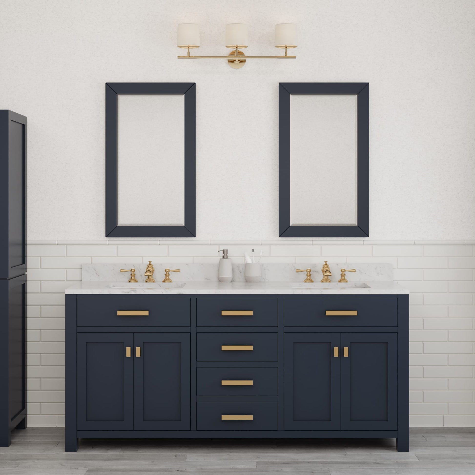 Madison 72 in. Bath Vanity in Monarch Blue with Carrara White Marble Vanity Top with White Basins | Water Creation