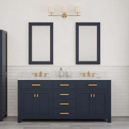 Madison 72 in. Bath Vanity in Monarch Blue with Carrara White Marble Vanity Top with White Basins | Water Creation