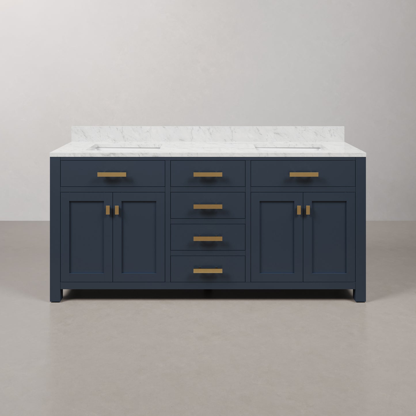 Madison 72 in. Bath Vanity in Monarch Blue with Carrara White Marble Vanity Top with White Basins | Water Creation