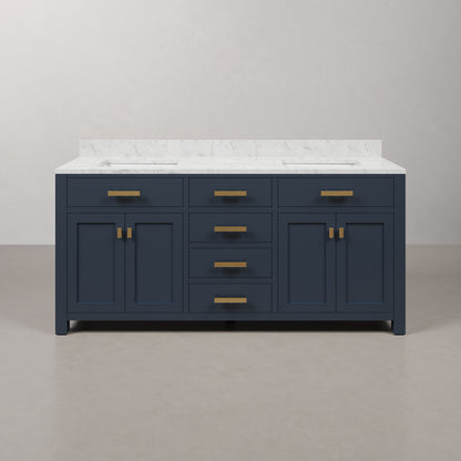 Madison 72 in. Bath Vanity in Monarch Blue with Carrara White Marble Vanity Top with White Basins | Water Creation