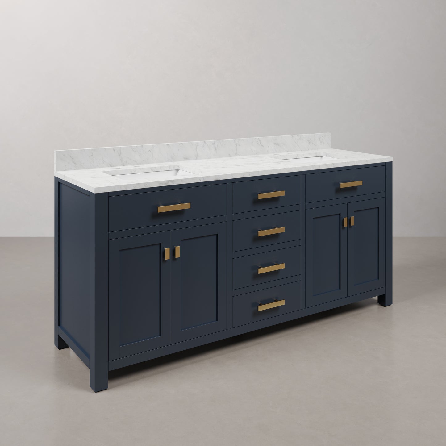 Madison 72 in. Bath Vanity in Monarch Blue with Carrara White Marble Vanity Top with White Basins | Water Creation
