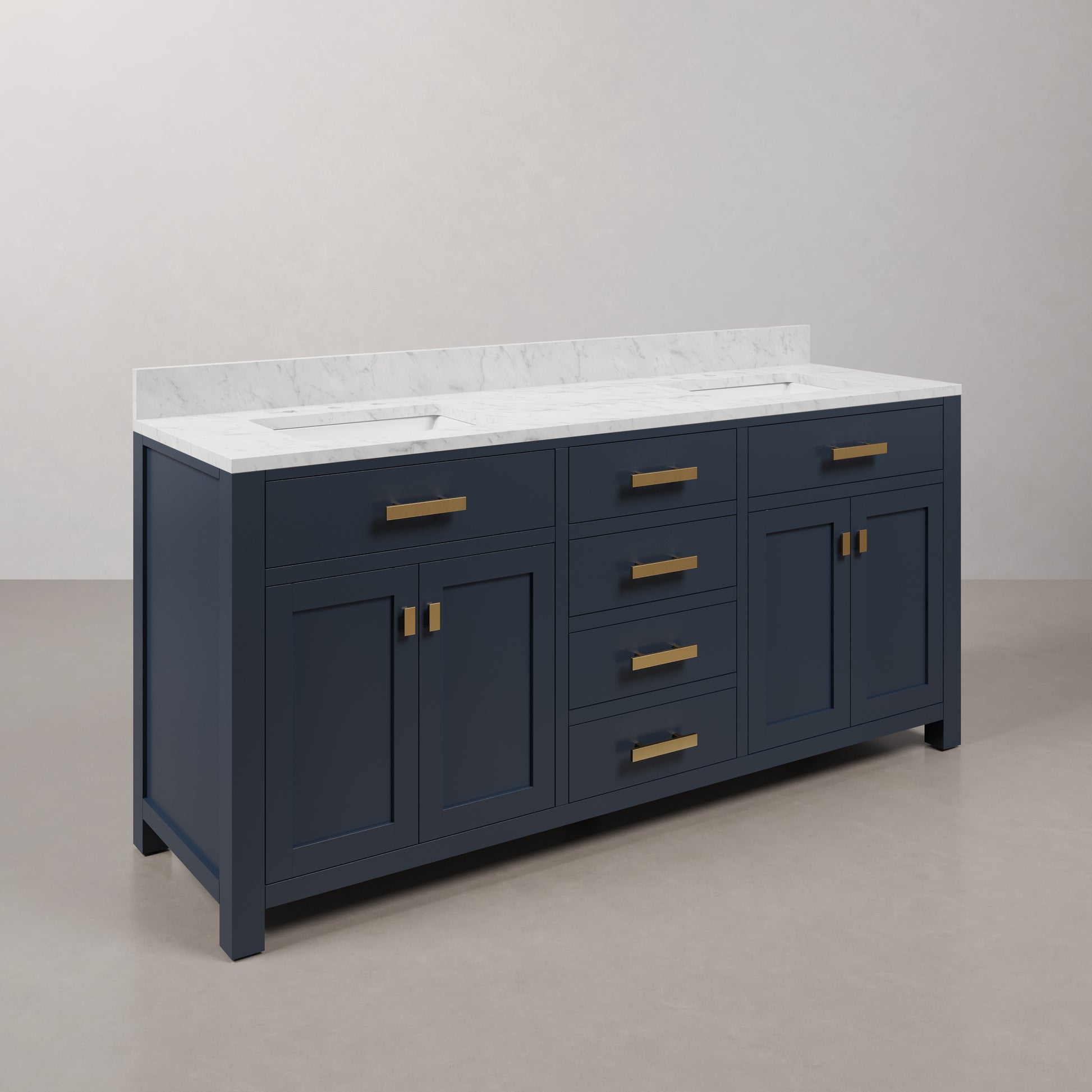 Madison 72 in. Bath Vanity in Monarch Blue with Carrara White Marble Vanity Top with White Basins | Water Creation
