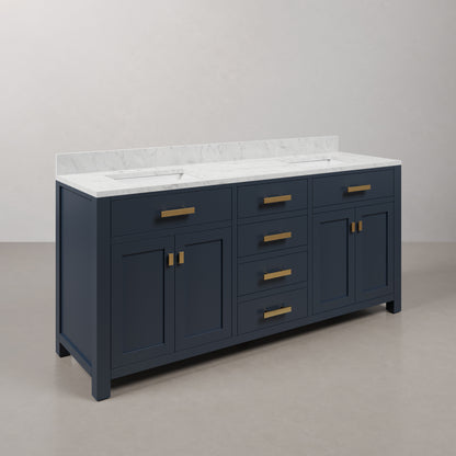 Madison 72 in. Bath Vanity in Monarch Blue with Carrara White Marble Vanity Top with White Basins | Water Creation
