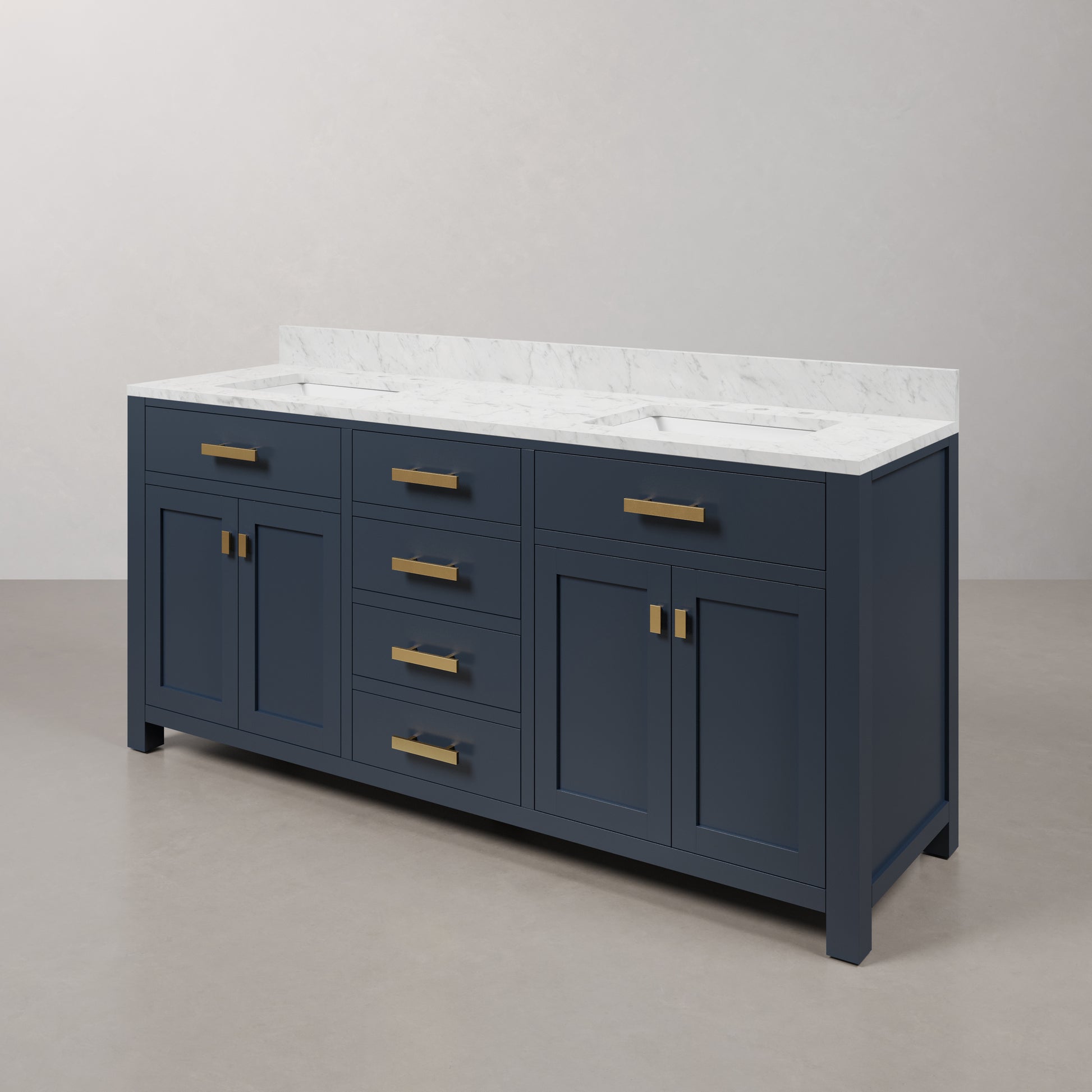 Madison 72 in. Bath Vanity in Monarch Blue with Carrara White Marble Vanity Top with White Basins | Water Creation