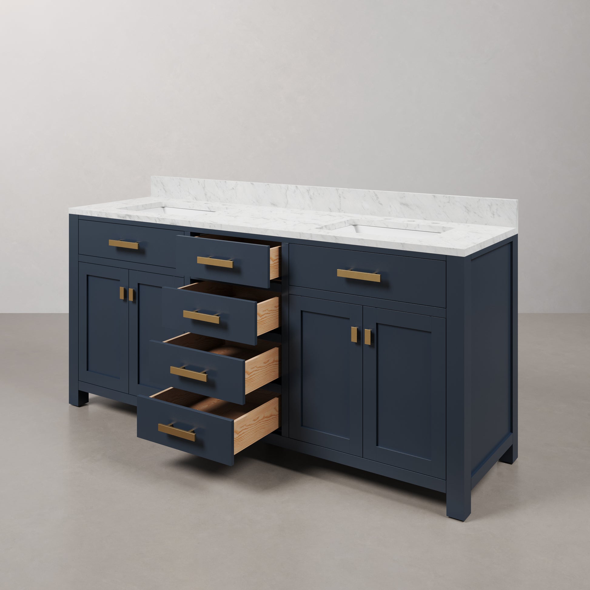 Madison 72 in. Bath Vanity in Monarch Blue with Carrara White Marble Vanity Top with White Basins | Water Creation