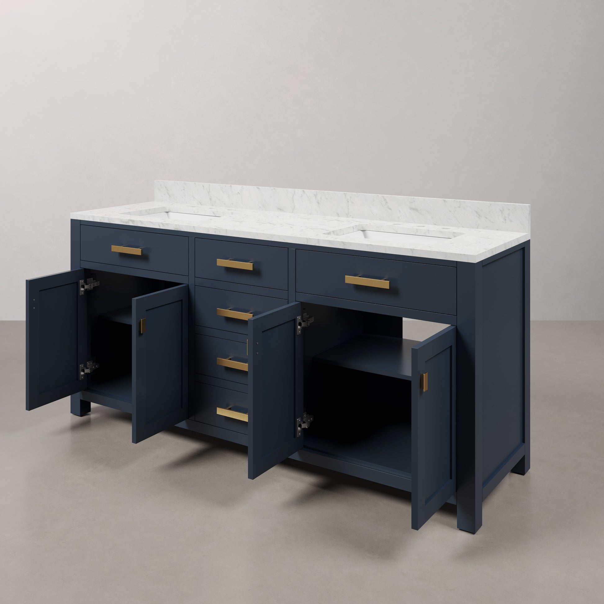 Madison 72 in. Bath Vanity in Monarch Blue with Carrara White Marble Vanity Top with White Basins | Water Creation