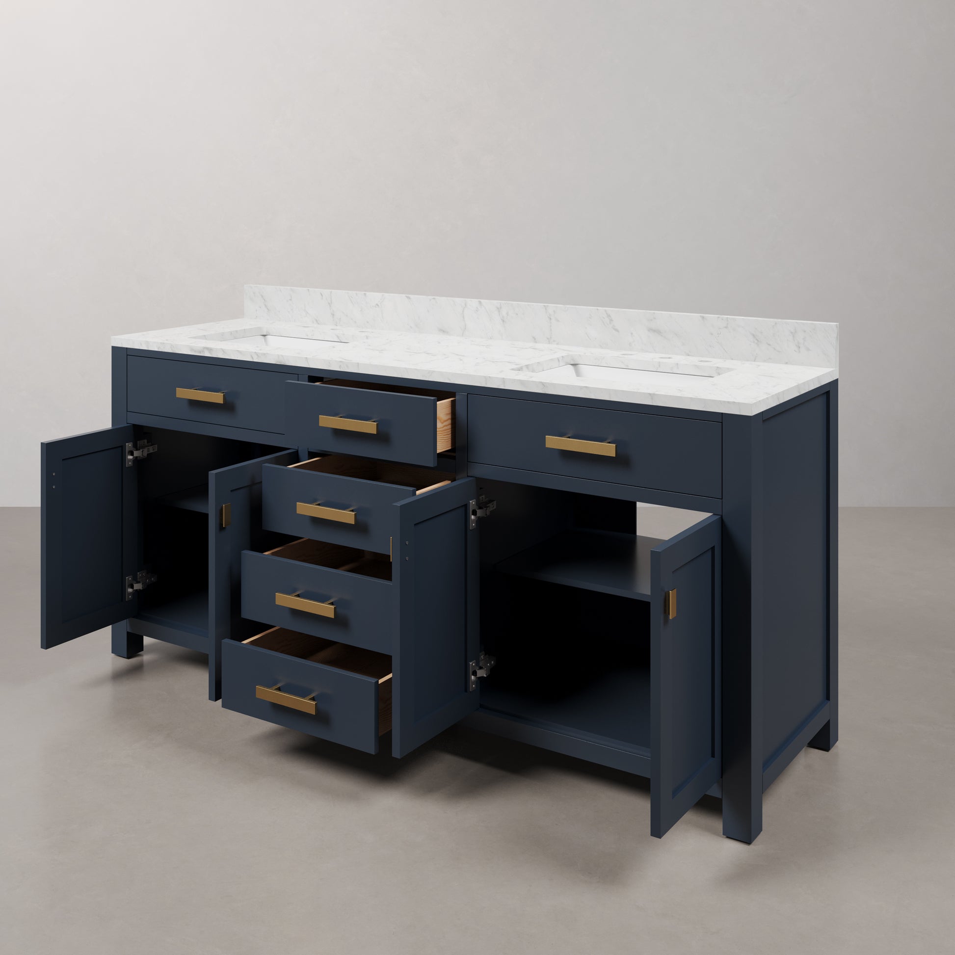 Madison 72 in. Bath Vanity in Monarch Blue with Carrara White Marble Vanity Top with White Basins | Water Creation