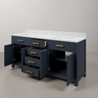 Madison 72 in. Bath Vanity in Monarch Blue with Carrara White Marble Vanity Top with White Basins | Water Creation