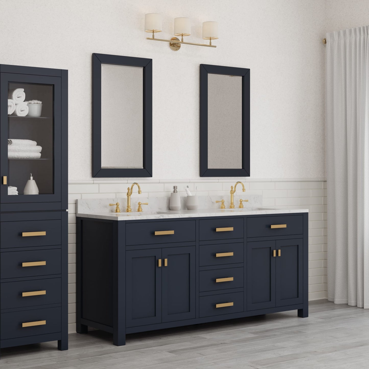 Madison 72 in. Bath Vanity in Monarch Blue with Carrara White Marble Vanity Top with White Basins | Water Creation