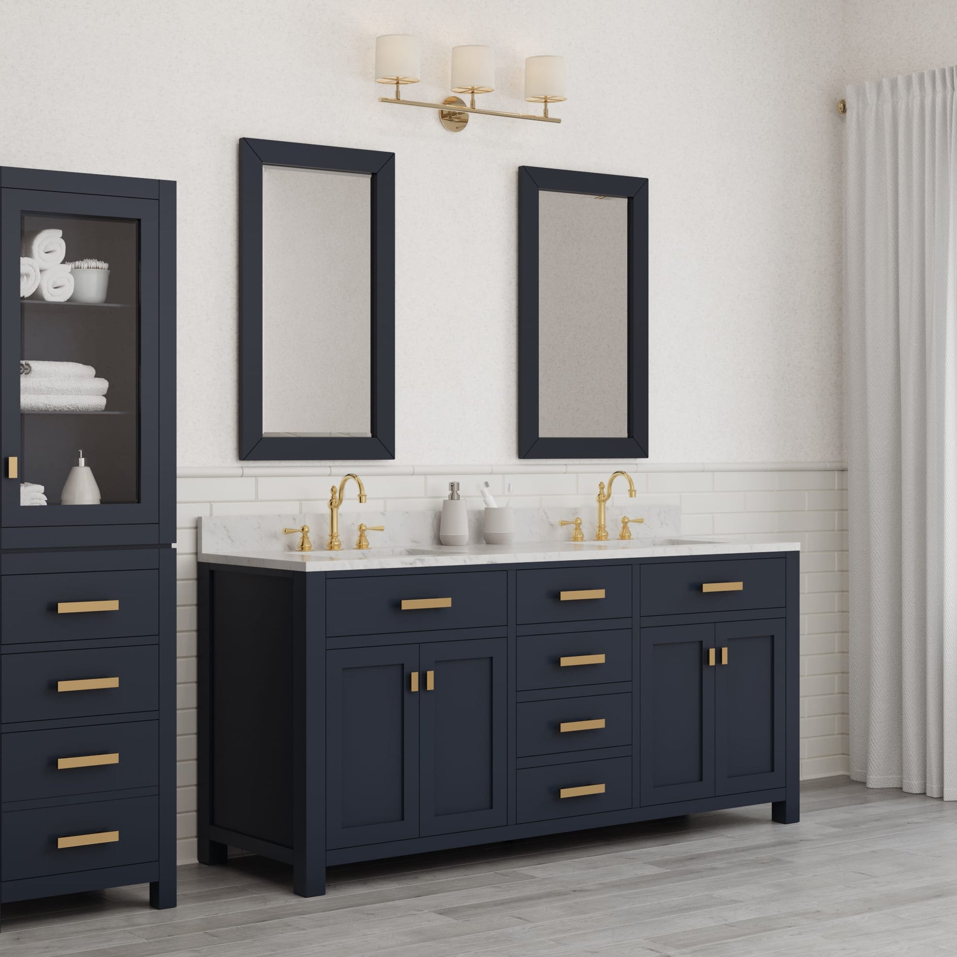 Madison 72 in. Bath Vanity in Monarch Blue with Carrara White Marble Vanity Top with White Basins | Water Creation