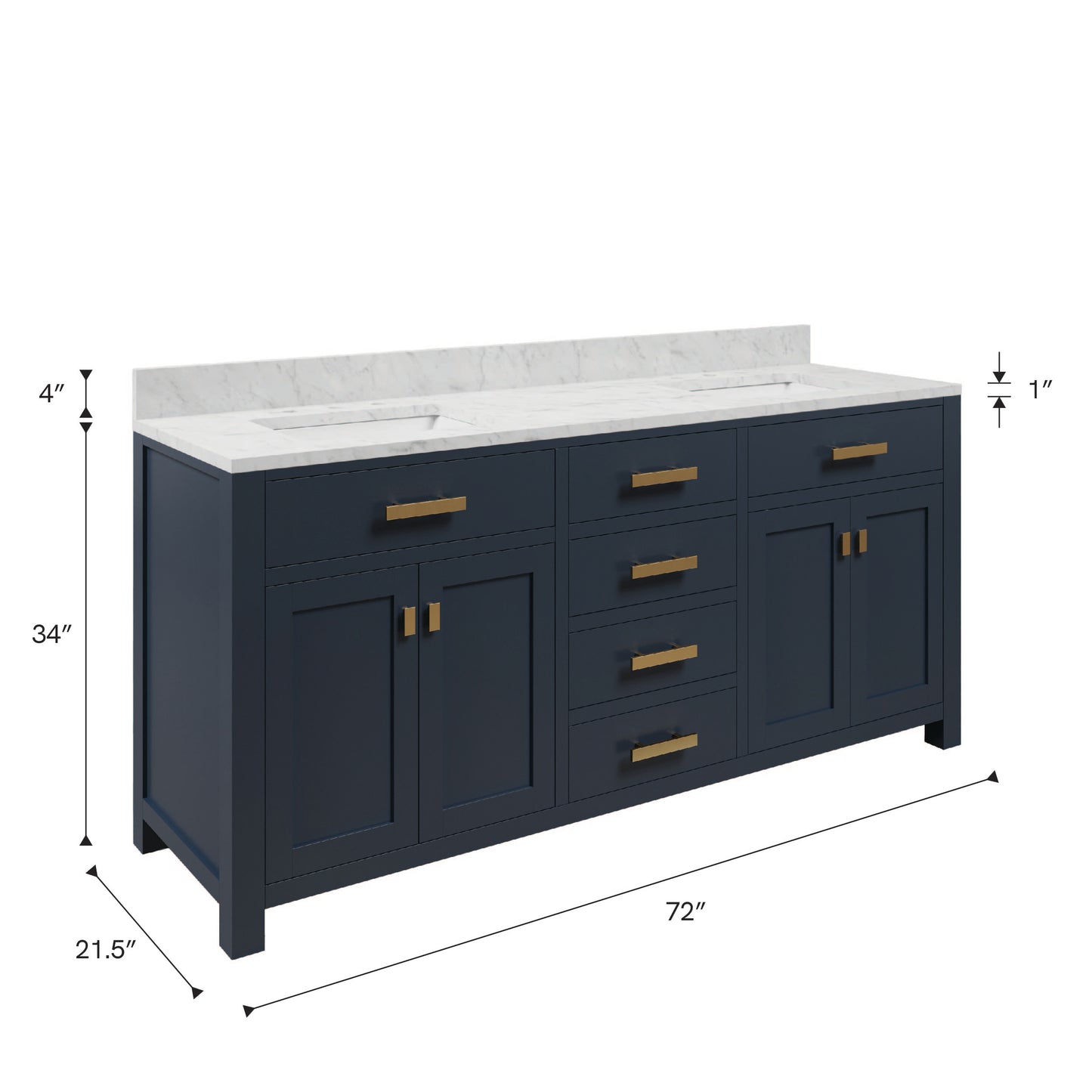 Madison 72 in. Bath Vanity in Monarch Blue with Carrara White Marble Vanity Top with White Basins | Water Creation