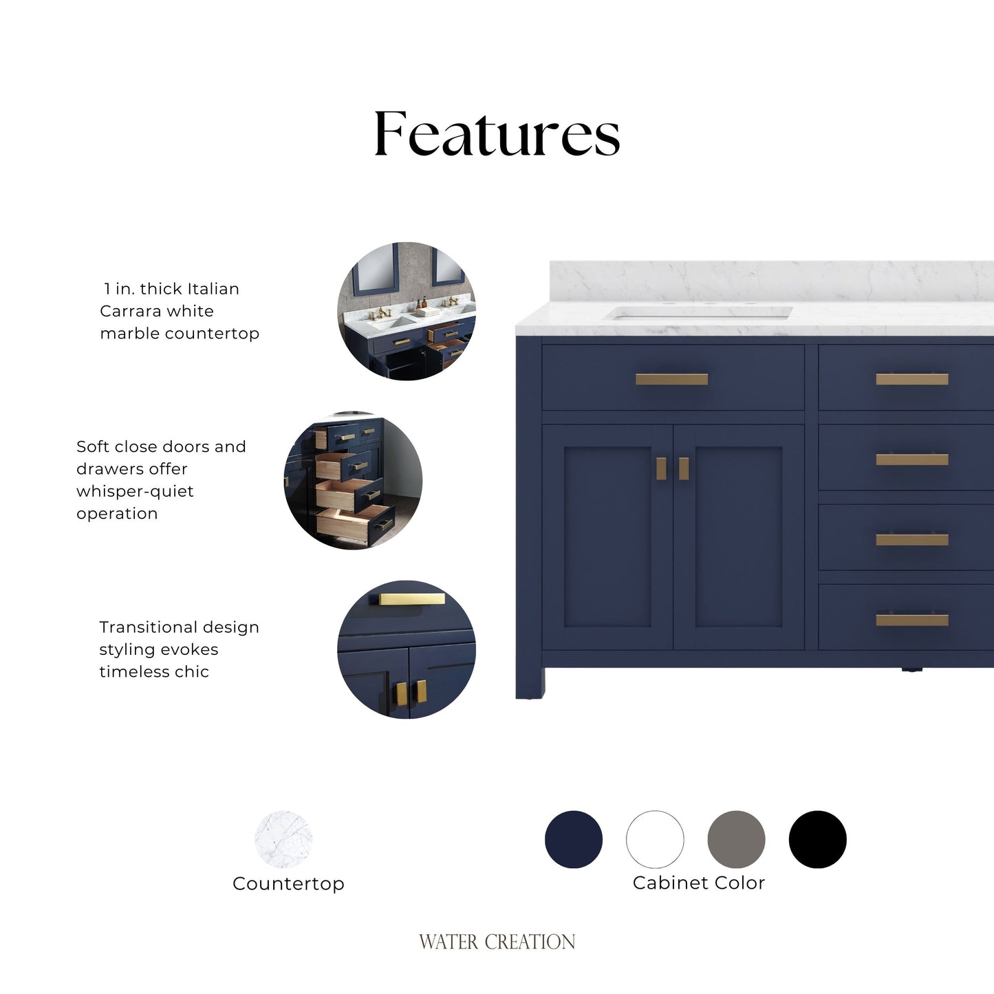 Madison 72 in. Bath Vanity in Monarch Blue with Carrara White Marble Vanity Top with White Basins | Water Creation