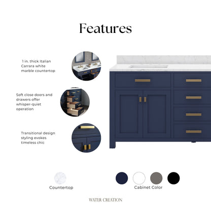 Madison 72 in. Bath Vanity in Monarch Blue with Carrara White Marble Vanity Top with White Basins | Water Creation
