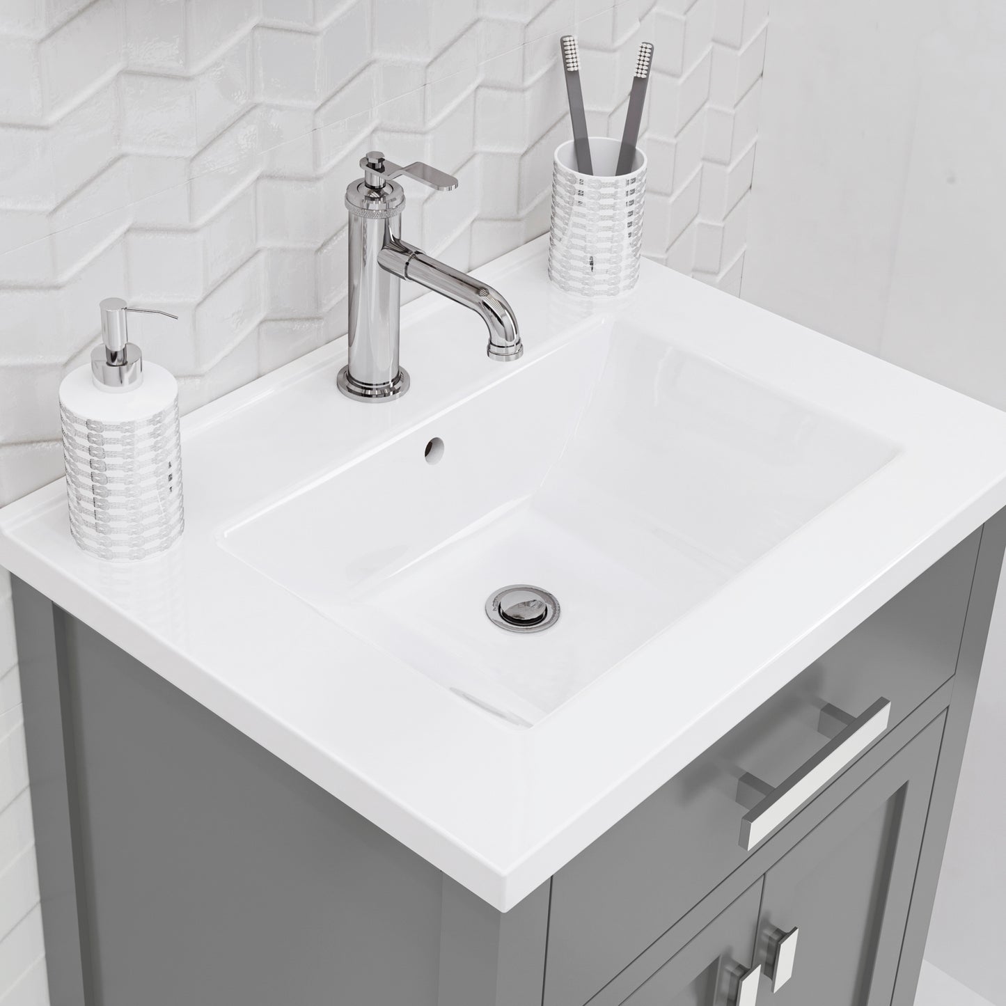 Myra 24 in. Bath Vanity in Cashmere Grey with Integrated Ceramics Vanity Top and Sink | Water Creation