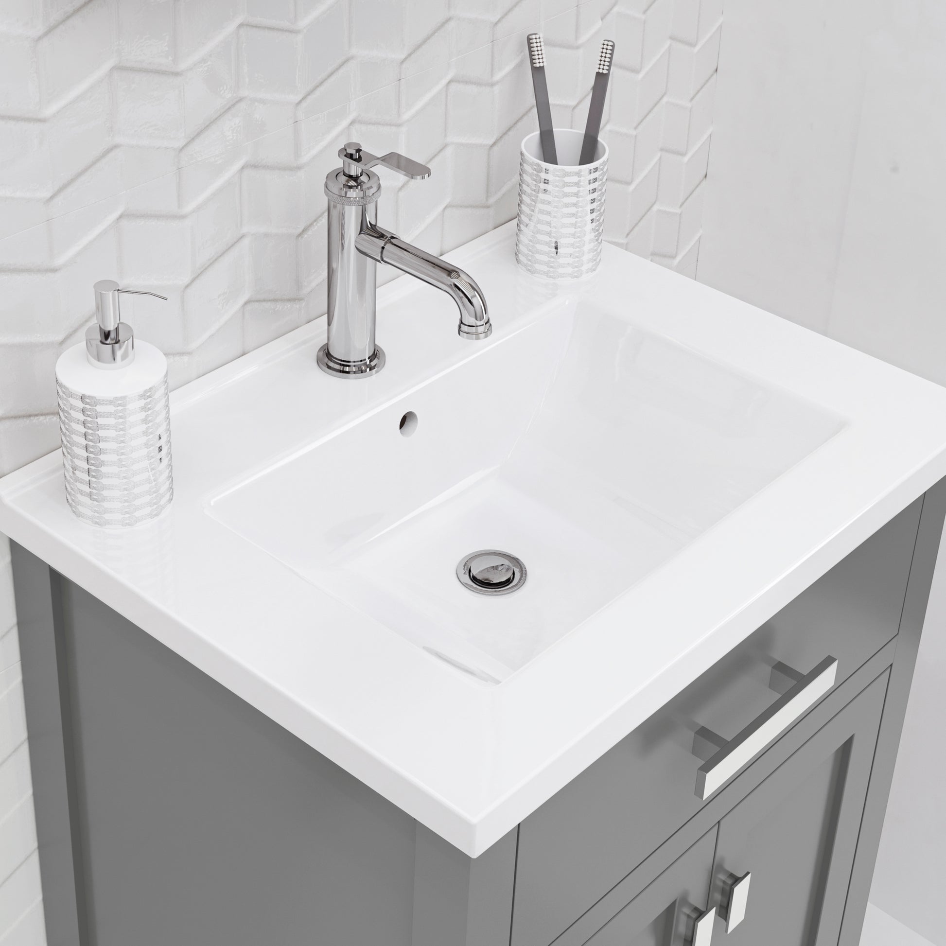 Myra 24 in. Bath Vanity in Cashmere Grey with Integrated Ceramics Vanity Top and Sink | Water Creation