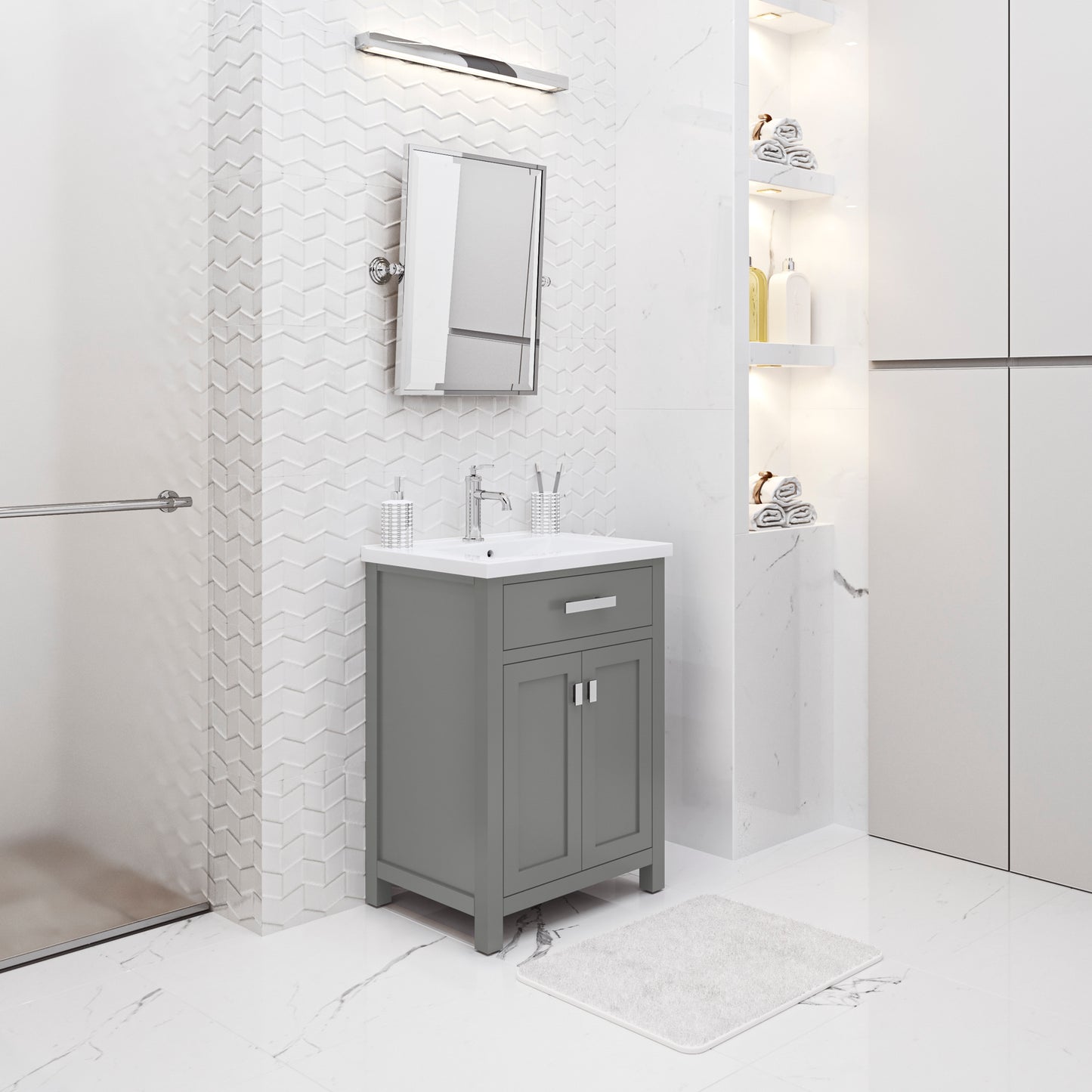 Myra 24 in. Bath Vanity in Cashmere Grey with Integrated Ceramics Vanity Top and Sink | Water Creation