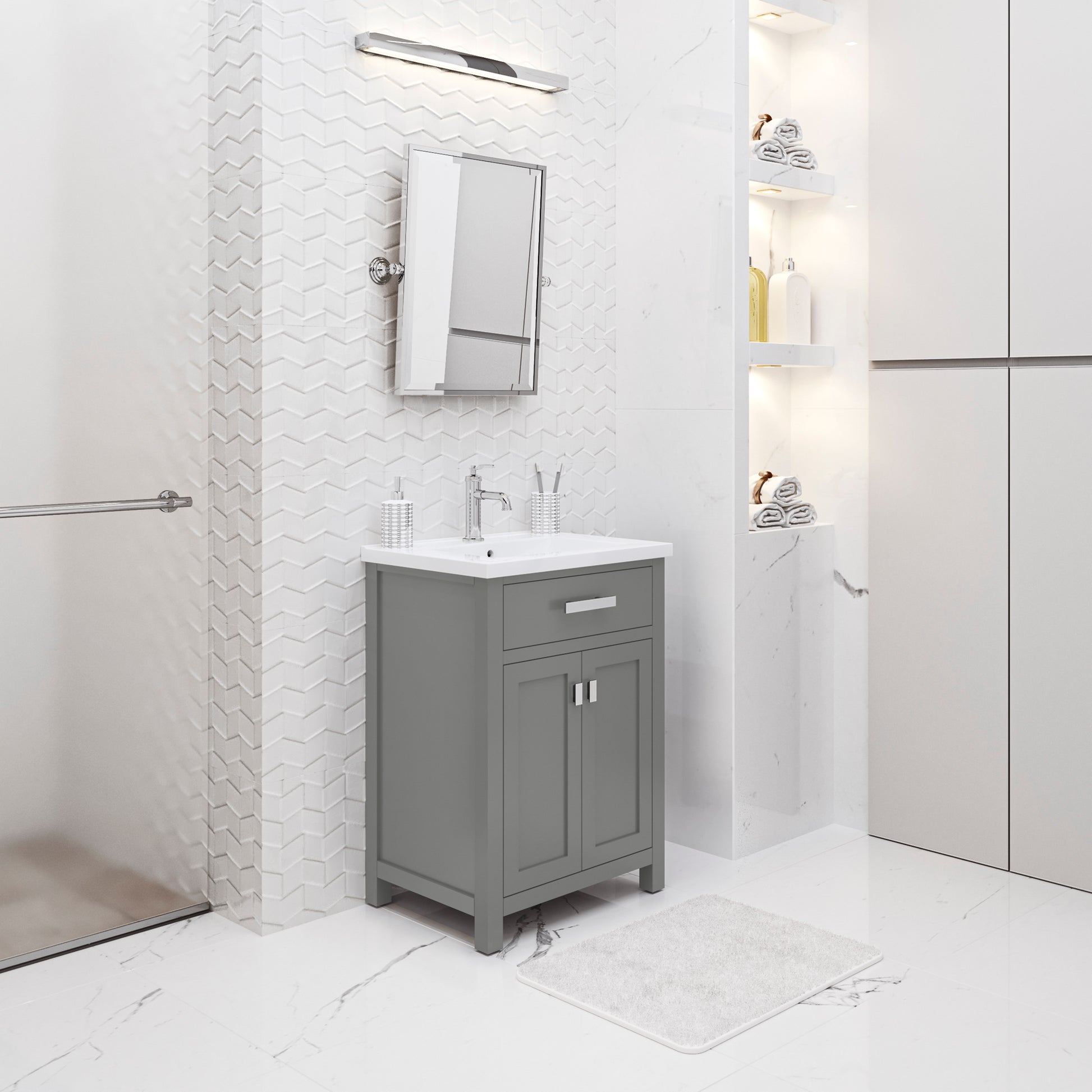 Myra 24 in. Bath Vanity in Cashmere Grey with Integrated Ceramics Vanity Top and Sink | Water Creation