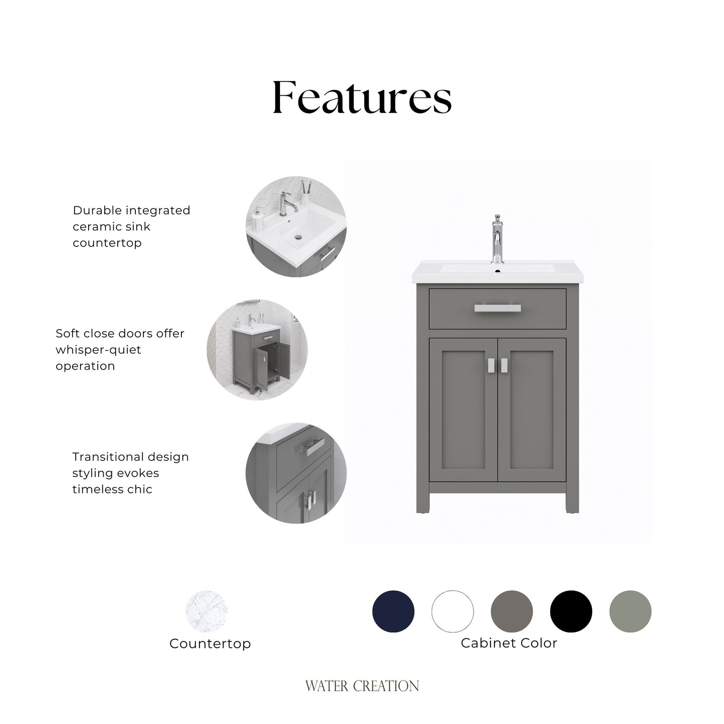 Myra 24 in. Bath Vanity in Cashmere Grey with Integrated Ceramics Vanity Top and Sink | Water Creation