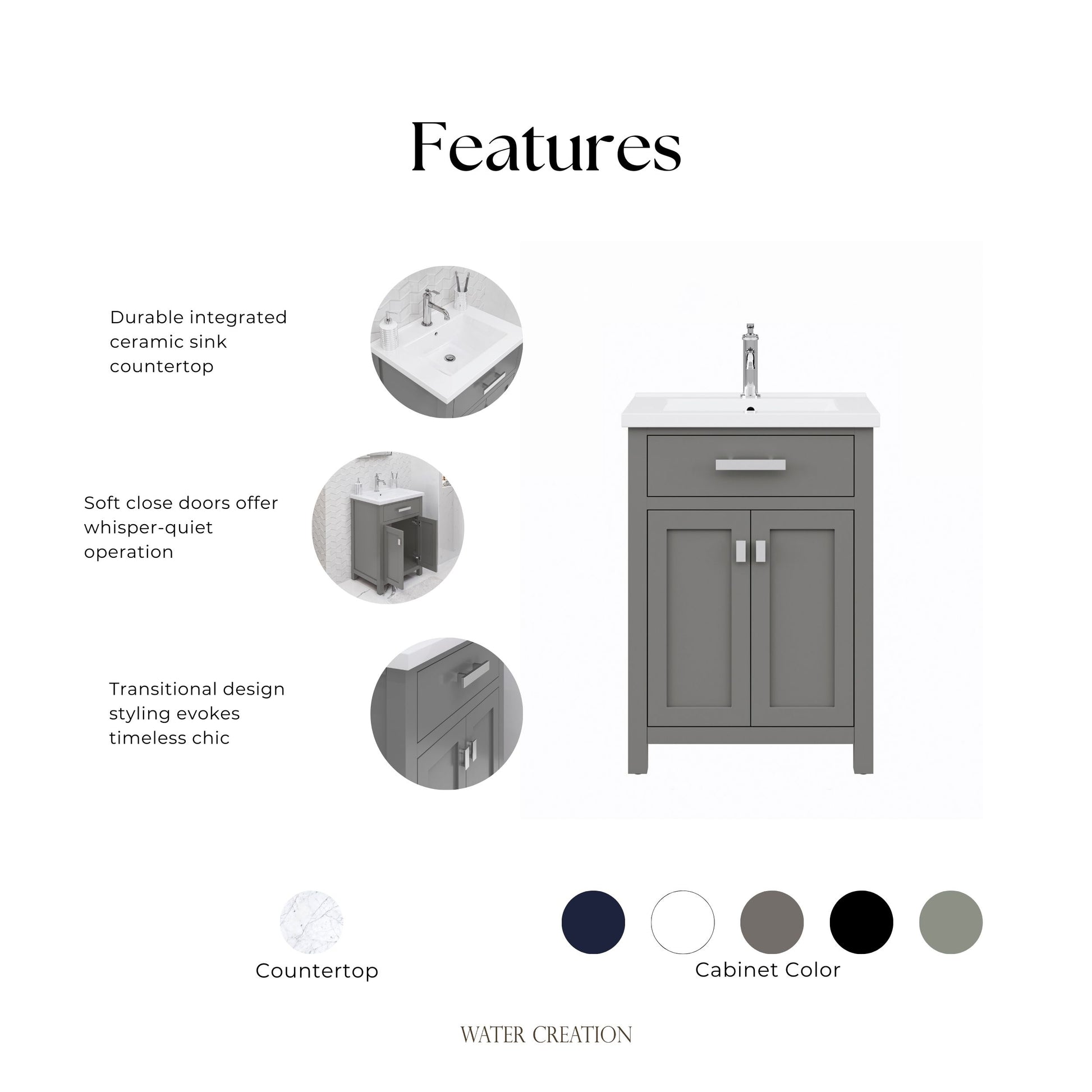 Myra 24 in. Bath Vanity in Cashmere Grey with Integrated Ceramics Vanity Top and Sink | Water Creation