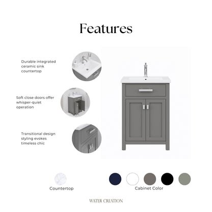 Myra 24 in. Bath Vanity in Cashmere Grey with Integrated Ceramics Vanity Top and Sink | Water Creation