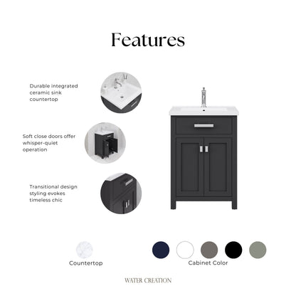 Myra 24 in. Bath Vanity in Espresso with Integrated Ceramics Vanity Top and Sink | Water Creation