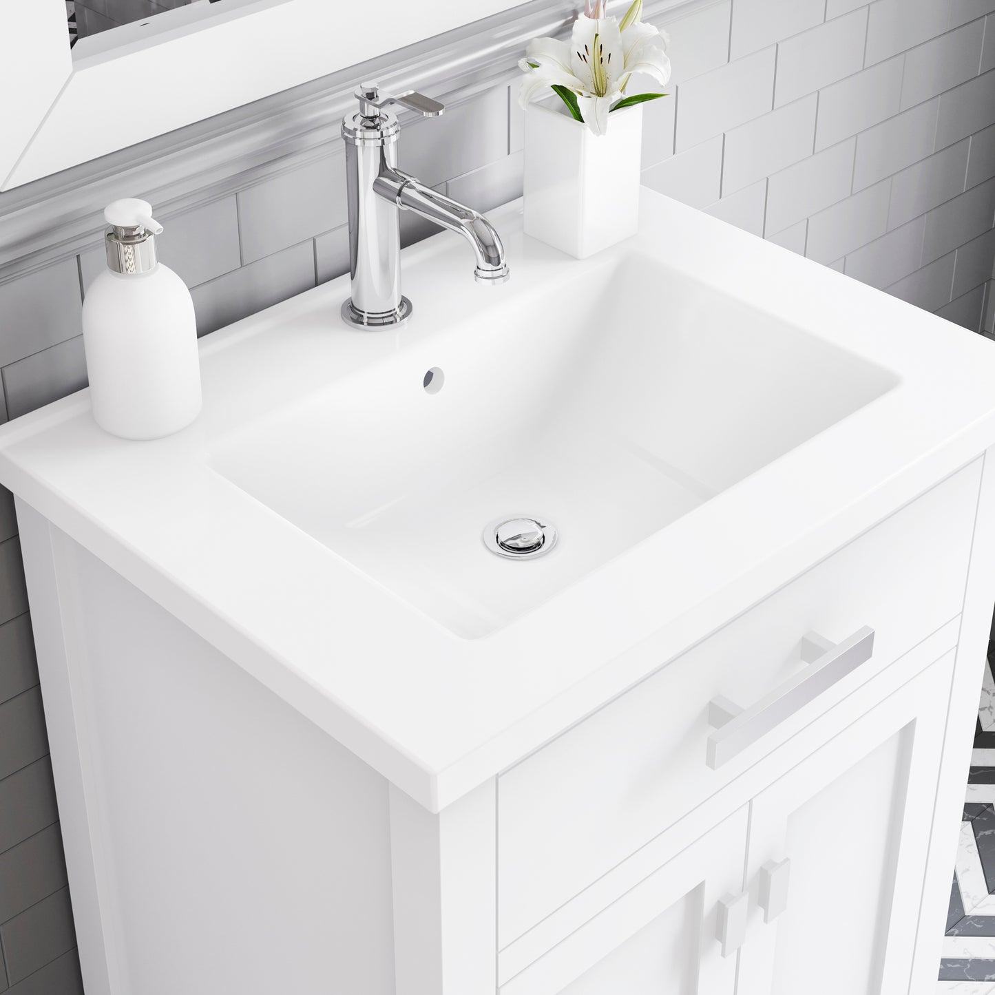 Myra Collection 24 in. Bathroom Vanity in Pure White with Ceramics Vanity Top in White - Vanity Only | Water Creation