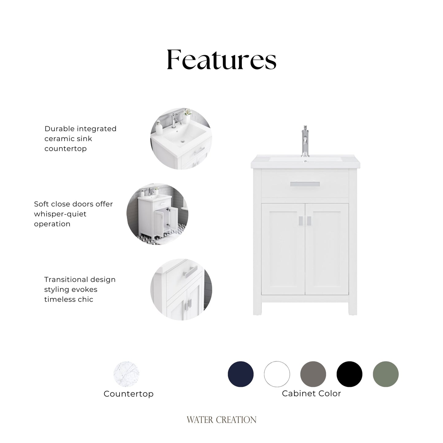 Myra Collection 24 in. Bathroom Vanity in Pure White with Ceramics Vanity Top in White - Vanity Only | Water Creation